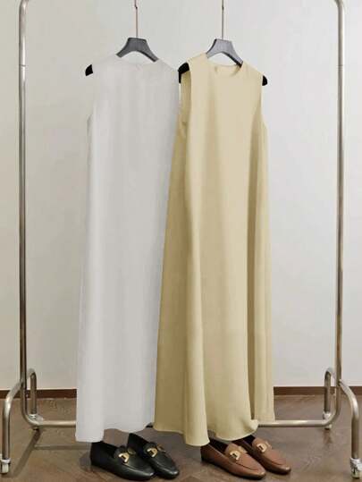 Al Najma Women's Solid Color Round Neck Sleeveless Casual Loose Arabian Dress Sleeveless Maxi Dress A Line Maxi Dress Long Summer Dress Women