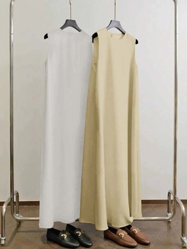 Al Najma Women's Solid Color Round Neck Sleeveless Casual Loose Arabian Dress Sleeveless Maxi Dress A Line Maxi Dress Long Summer Dress Women