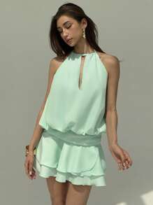 Aloruh Vestido corto de verano para mujer de unicolor con volantes en el bajo y escote halter sexy - verde menta - Ver 6