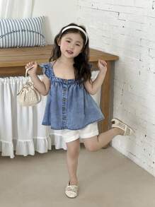 SHEIN Young Girl Blue Denim Ruffle Sleeve Oversized Top, Spring And Summer