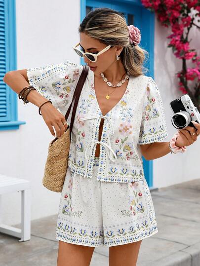 Vivid Eden 2-delat set med blommigt tryck och shorts för kvinnor, sommarset för kvinnor, sommarkläder för kvinnor, semester, semesterstil, blommigt 2-delat set för kvinnor, 2-delat outfits för kvinnor, strandoutfits för kvinnor, blommig sommar 2-delat