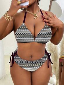 Slaydiva Plus Size Women 2pcs Set Textured Fabric Tied Triangle Sexy Bikini Swimsuit Set, Beach Vacation