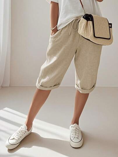 INAWLY Plus Size Casual Solid Color Drawstring Waist Shorts