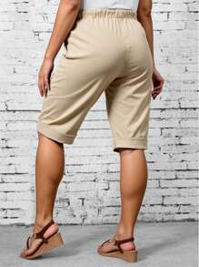 INAWLY Plus Size Casual Solid Color Drawstring Waist Shorts