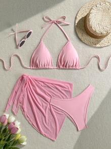 Soleia Women's Summer Beach Solid Color Halter Tie Front Sexy Bikini Swimsuit Set With Cover Up And Skirt , 3 Piece Bathing Suit - Pink - View 1