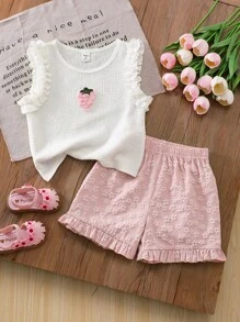 2pcs Set For Tween Girls Cute Strawberry Embroidery Element Ruffle Hem Tank Top And Pink Shorts, Vivid And Youthful, Textured Fabric, Suitable For Daily Outings Or Beach Wear, Spring/Summer Summer Holiday - Baby Pink - View 1