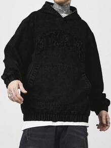 Manfinity EMRG Men's Black Washed Denim Hooded Jacket With Embroidered Design And Zipper Details
