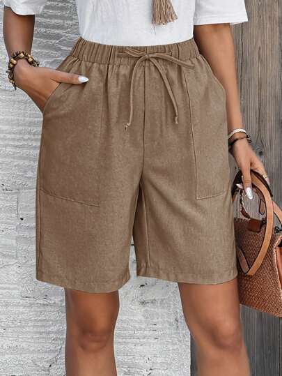 EMERY ROSE Bermudas de talle medio con bolsillos laterales, corte holgado de unicolor, estilo básico esencial