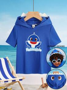 BABY SHARK X SHEIN 小男孩卡通波浪与鲨鱼印花3D鱼鳍连帽短袖T恤 - 藍色 - 查看 1