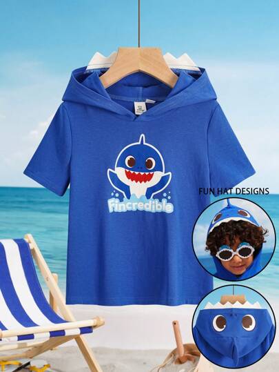 BABY SHARK X SHEIN Young Boy Cartoon Wave & Shark Print 3D Fin Hooded Short Sleeve T-Shirt