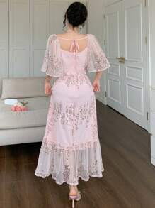 DAZY Đầm midi voan in hoa cổ vuông viền bèo cho nữ, thích hợp cho ngày Valentine, đi nghỉ mát hoặc lễ Phục sinh. - Màu Hồng baby - Xem 2