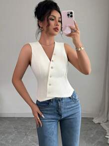 Elenzga Camiseta sin mangas con cuello en V y botones frontales, elegante para el trabajo en verano - Albaricoque - Ver 3