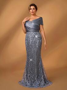 Serin 加大码优雅奢华灰色缎面拼布露肩褶饰美人鱼礼服，适合晚会、婚礼、蜜月、新娘母亲礼服 - 灰色 - 查看 6