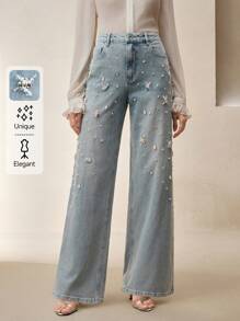 Anewsta Women Casual Distressed Crystal & Faux Pearl Straight-Leg Pants