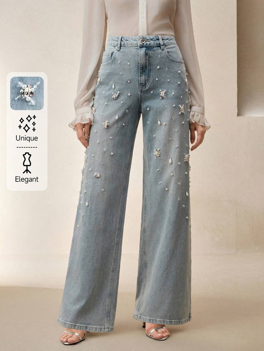 Anewsta Women Casual Distressed Crystal & Faux Pearl Straight-Leg Pants