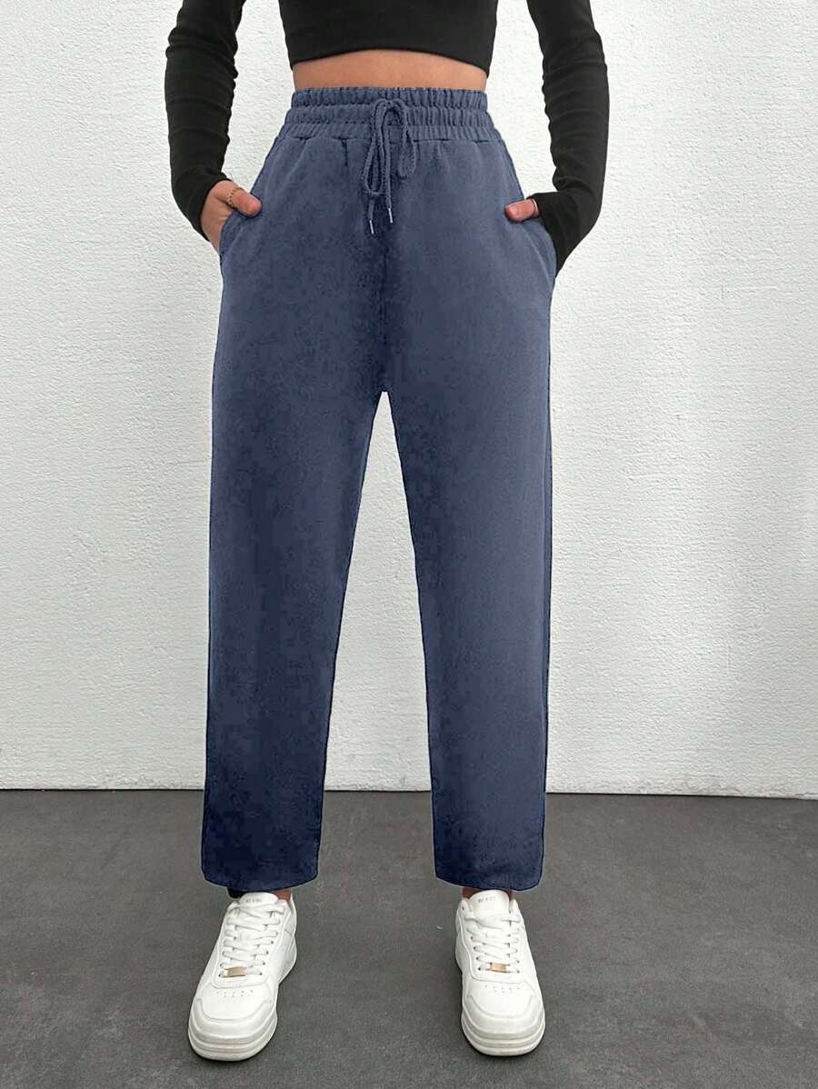 SHEIN Cottnline 女士高腰斜口口袋運動褲 - 藏蓝色 - 查看 1