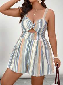 SHEIN VCAY 加大码竖条纹扭纹前开襟无袖宽松休闲镂空连体裤，适合夏季 - 彩色 - 查看 4