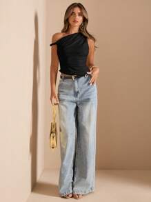 SHEIN BAE 女士夏季海滩度假优雅弹力不对称肩上衣，音乐会音乐节俱乐部性感上衣 - 黑色 - 查看 4