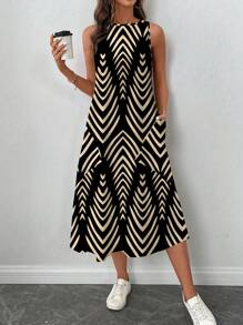 SHEIN LUNE Women Casual Geometric Pattern Mid-Length Dress, Suitable For Spring And Summer Suitable For Going Out Chic Dress - Multicolor - View 7