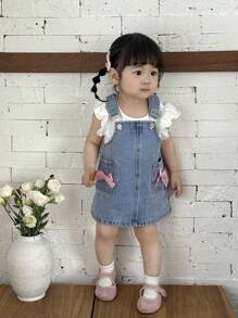 SHEIN Baby Girl Cute Pink Ribbon Bow Denim Dress,Spring And Summer Casual Vacation Country Boho Wear