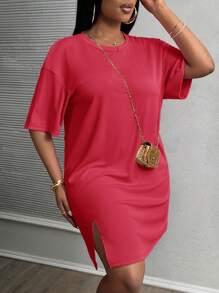 Slaydiva Vestido de vacaciones de manga corta con hombros caídos y abertura lateral de color rosa para tallas grandes, para principios de primavera