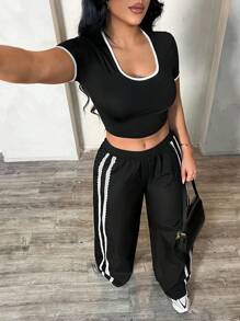 SHEIN SXY 2pcs Set: Black U-Neck Short Sleeve Cropped Top And White Lace Decorated Loose High-Waisted Pants With Pockets, Casual Street Style, Spring/Summer Two Pieces Set Women 2 Pieces Casual Sets Woman Woman 2 Pieces Outfits Crop Top Set