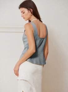 GENKIRA Square Neckline Slim Fit Tweed Button-Up Top For Women, Spring/Summer - Grey - View 2