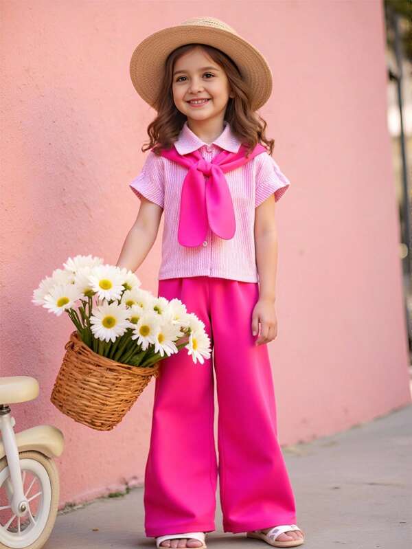 Young Girl Summer Casual 2-Piece Set: Collared Striped Short Sleeve Shawl Collar Top And Solid Straight Pants