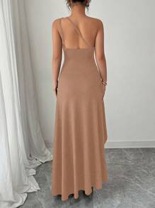 Rafferiza 全新夏季性感不对称领口褶饰露背镂空高开衩连衣裙，适合度假、约会、派对 - 棕色 - 查看 2