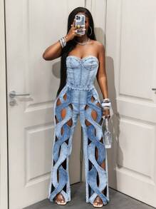 BamGleam 女式镂空螺旋设计无袖连体衣，时尚修身长款夏季连体裤 - 藍色 - 查看 1