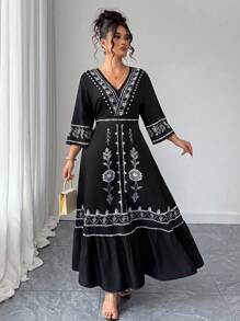 Elenzga 大码女式定位花卉印花长裙波西米亚风海滩长裙