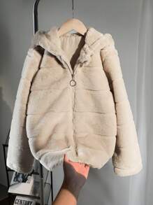 Sparklyn Girls' Fuzzy Plaid Symmetrical Pattern Hooded Casual Versatile Jacket, Suitable For Daily Wear Fall Winter