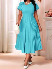SHEIN Lady Vestidos casuales y elegantes de estilo bohemio para primavera y verano, con cuello redondo, mangas acampanadas con volantes, plisados, de longitud midi, manga corta, tallas grandes, para vacaciones, atuendos de playa, vestido de invitado de boda de playa, vestido de sol, atuendos de primavera para mujeres - Azul menta - Ver 3