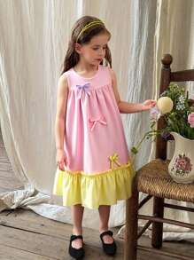 Genkimix Kids Vestido casual de media pantorrilla para niñas con contraste de color, decoración de moño sin mangas - Multicolor - Ver 3