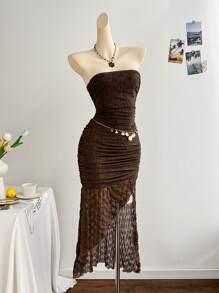 Soleia 度假象牙色褶饰低腰不对称下摆连衣裙，适合海滩、夏季、波西米亚风、度假、钩针编织、亚麻、纹理 - 米色 - 查看 3