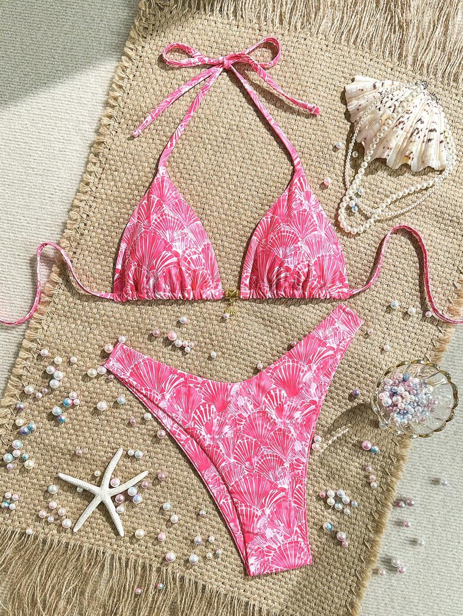 Swim Mod 夏季两件套度假印花细肩带上衣和高腰泳裤泳衣套装 - 彩色 - 查看 1