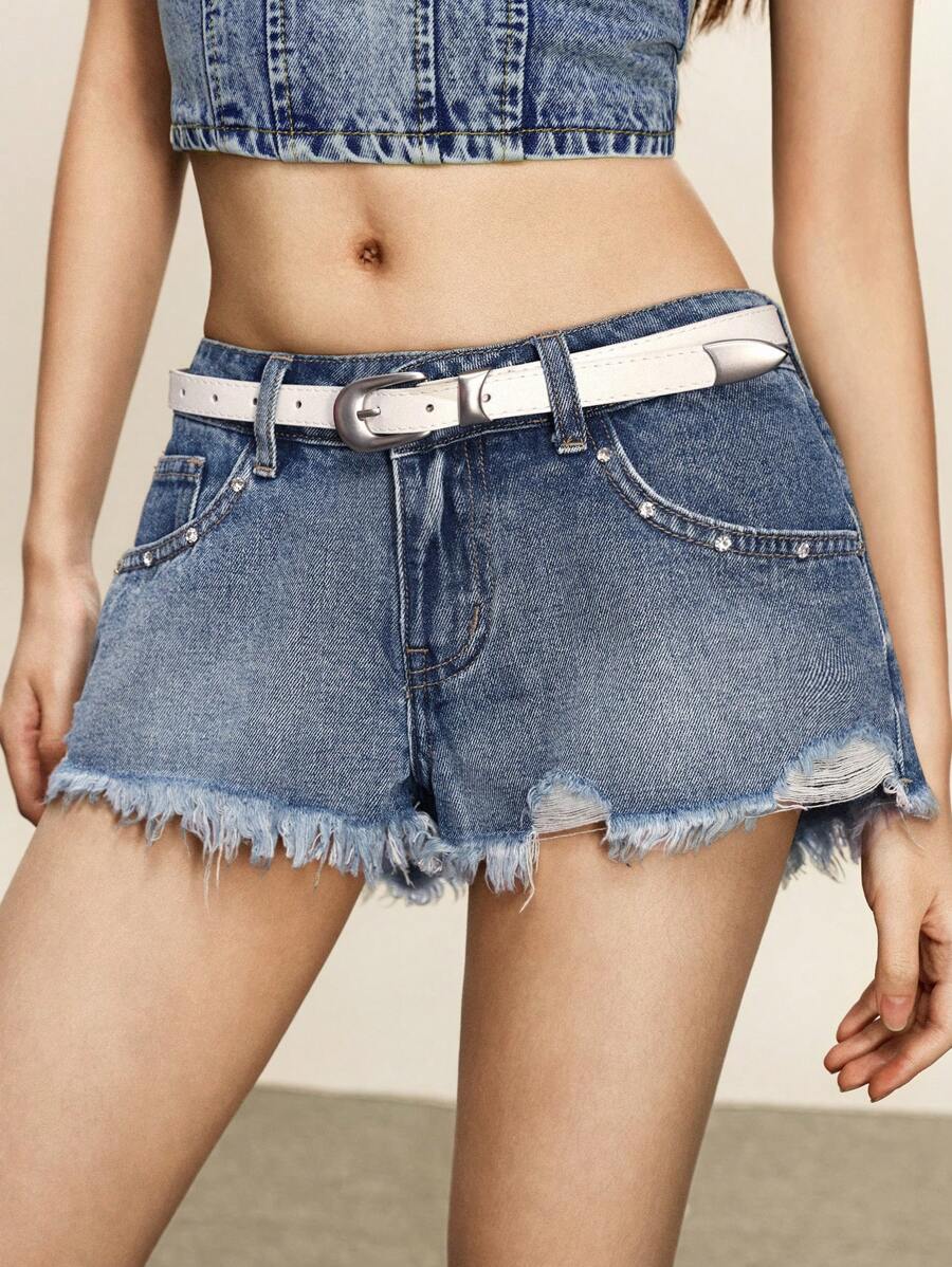 Rina Fox 女式口袋做旧磨边休闲牛仔短裤 - 中等水洗藍 - 查看 1