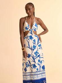 CAJUNI 女士度假休闲流苏印花镂空长裙 - 藍白色 - 查看 8
