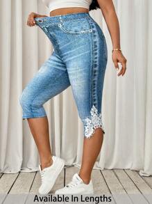 SHEIN Tall CURVE Plus Size Jean Print Lace Trim Leggings Women S Clothes Woman S Summer Clothes Women S Bottoms