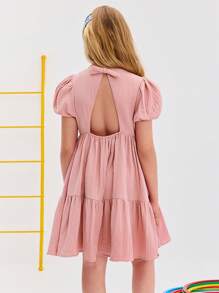 Leap Crew Leap Crew 青少年女孩休闲简约舒适圆领泡泡袖镂空后背长裙 - 粉色 - 查看 2