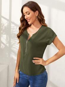 SHEIN LUNE 捲邊袖拉鏈半開襟上衣