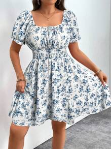 Vionelle 大码女式碎花系带泡泡袖短款休闲连衣裙 - 彩色 - 查看 5