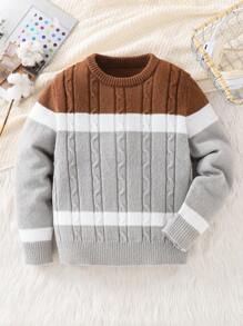 SHEIN 青少年男孩休闲韩版圆领毛衣，适合通勤、上学、日常休闲装、运动、秋冬 - 灰色 - 查看 3