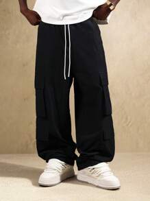 SUMWON 优质工装裤阔腿街头喇叭裤多口袋抽绳腰秋冬休闲裤 - 黑色 - 查看 4