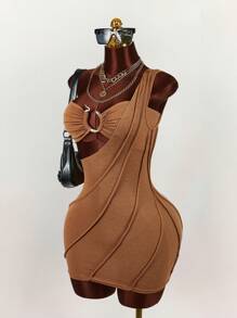 Amplova Bộ 2 món áo ống màu trơn gợi cảm và quần short cho nữ, mùa hè - Màu Khaki - Xem 4