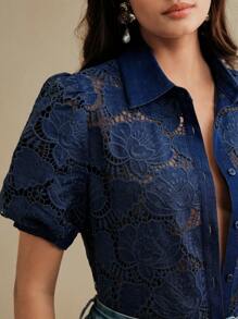Anewsta Blusa nueva para el verano con cuello alto vintage, elegante, calada, bordada y con mangas abullonadas para mujeres - Azul - Ver 2