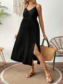 SHEIN 孕妇休闲纯色侧开衩系带露背吊带裙，适合节日穿着