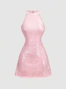 SHEIN MOD Váy dự tiệc mini đính sequin màu hồng tôn dáng - Hồng - Xem 2