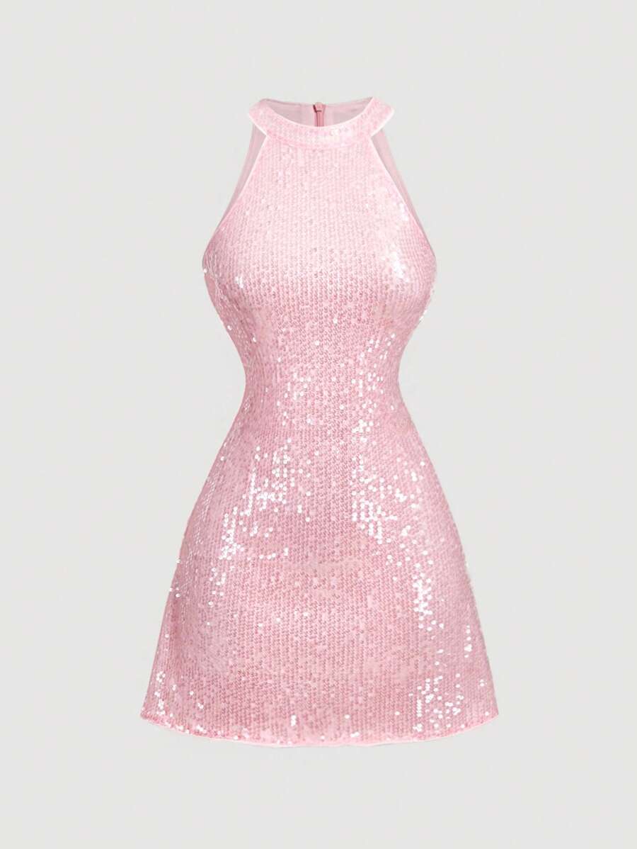 SHEIN MOD Váy dự tiệc mini đính sequin màu hồng tôn dáng