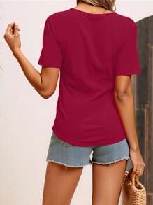 SHEIN LUNE 女士休闲度假水晶装饰短袖衬衫 - 紅色 - 查看 2